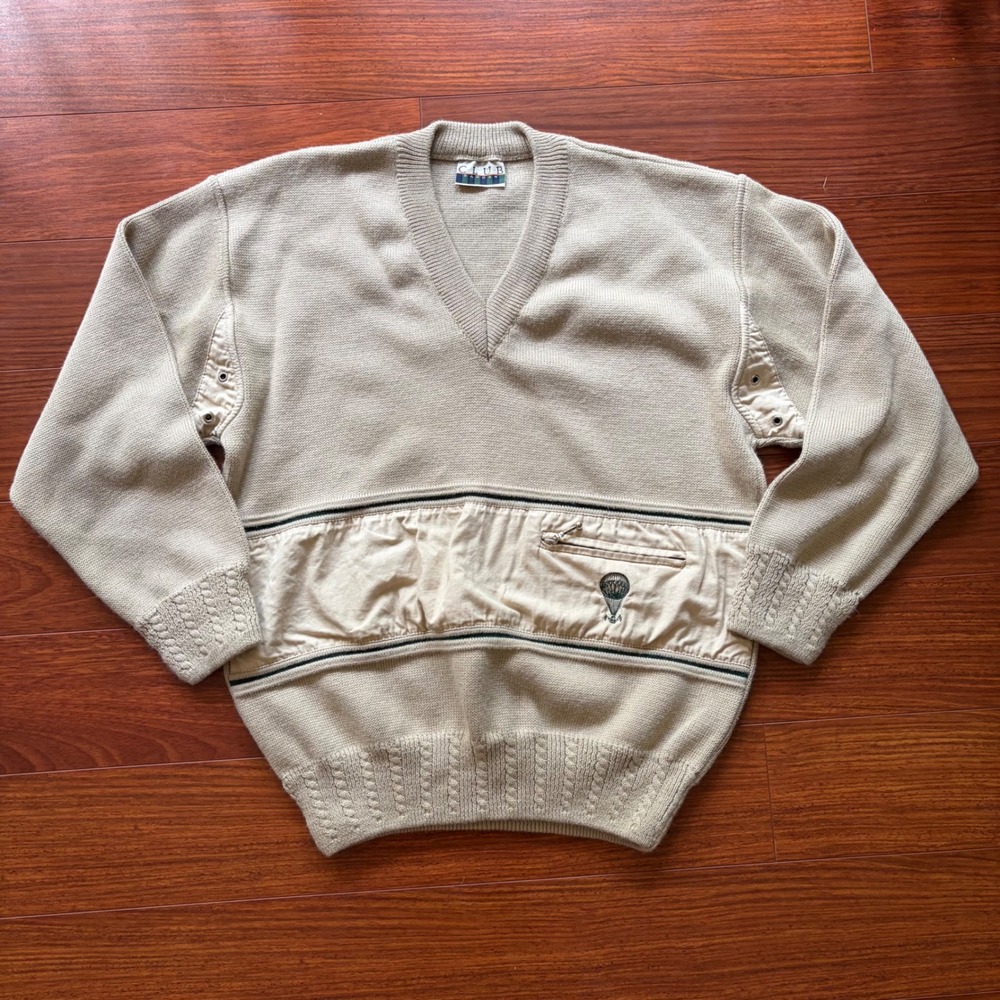 Vintage Italy Made Club Sangan V-Neck Sweater Large Beige Wool Gorpcore